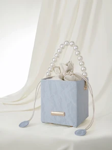 Clariva Bolso bandolera con caja acolchada con perlas y cordón a la moda - Celeste - Ver 2
