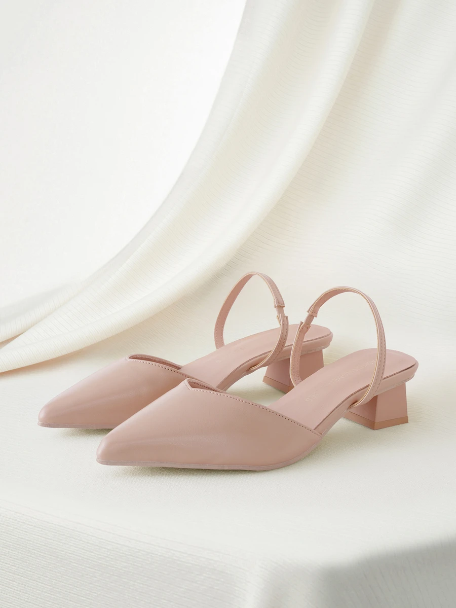 Clariva Fall/Winter 2025 Women's Leisure Pointed Toe Chunky Heeled Slingbacks With Elastic Band Pumps Valentines, Elegant - Apricot - View 1