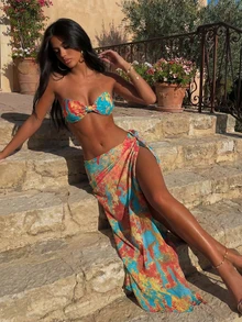 Women's 3-Piece Bikini Set For Spring & Summer, Strapless Tie-Dye Printed Sexy & Elegant Swimsuit With Beach Cover-Up, Suitable For Beach, Pool Party, Holiday Vacation - Multicolor - View 1