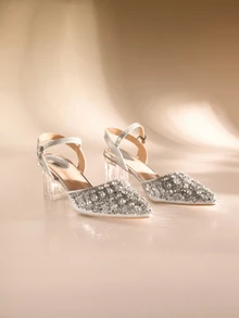 Etoivie Women's Solid Color Pointed Toe Sparkling Rhinestone Comfortable And Durable Flats, Versatile, Fashion, Elegant, Thick Heel, Closed Toe, Backstrap, Suitable For Banquet, Dance Party, Night Club, Wedding Bridal Wedding Wedding - Silver - View 1
