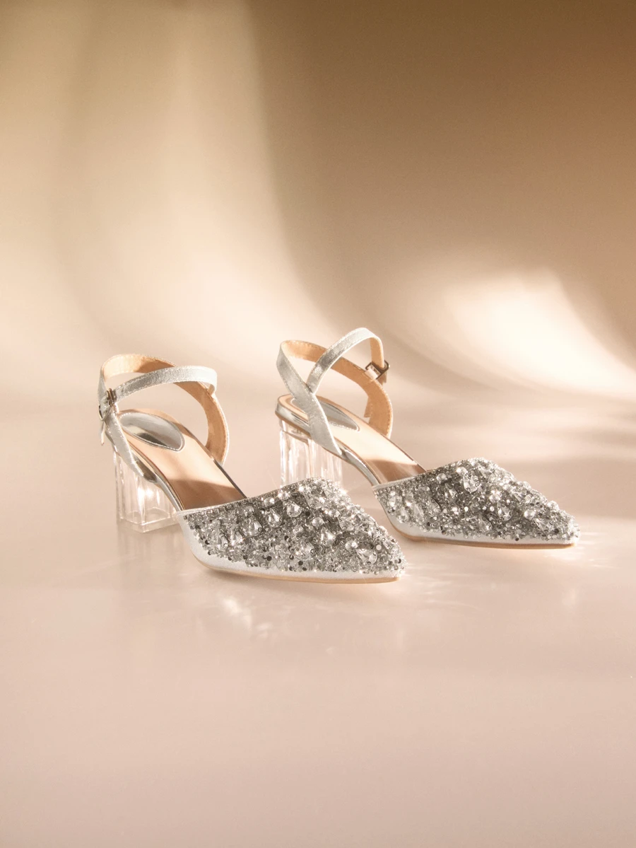 Etoivie Women's Solid Color Pointed Toe Sparkling Rhinestone Comfortable And Durable Flats, Versatile, Fashion, Elegant, Thick Heel, Closed Toe, Backstrap, Suitable For Banquet, Dance Party, Night Club, Wedding Bridal Wedding Wedding - Silver - View 1