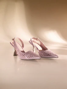 Etoivie 2025秋冬粉色水晶婚鞋方头高跟女鞋，春夏款闭趾踝带凉鞋，优雅精致，适合派对、派对等场合，尖头高跟婚鞋 - 粉色 - 查看 1