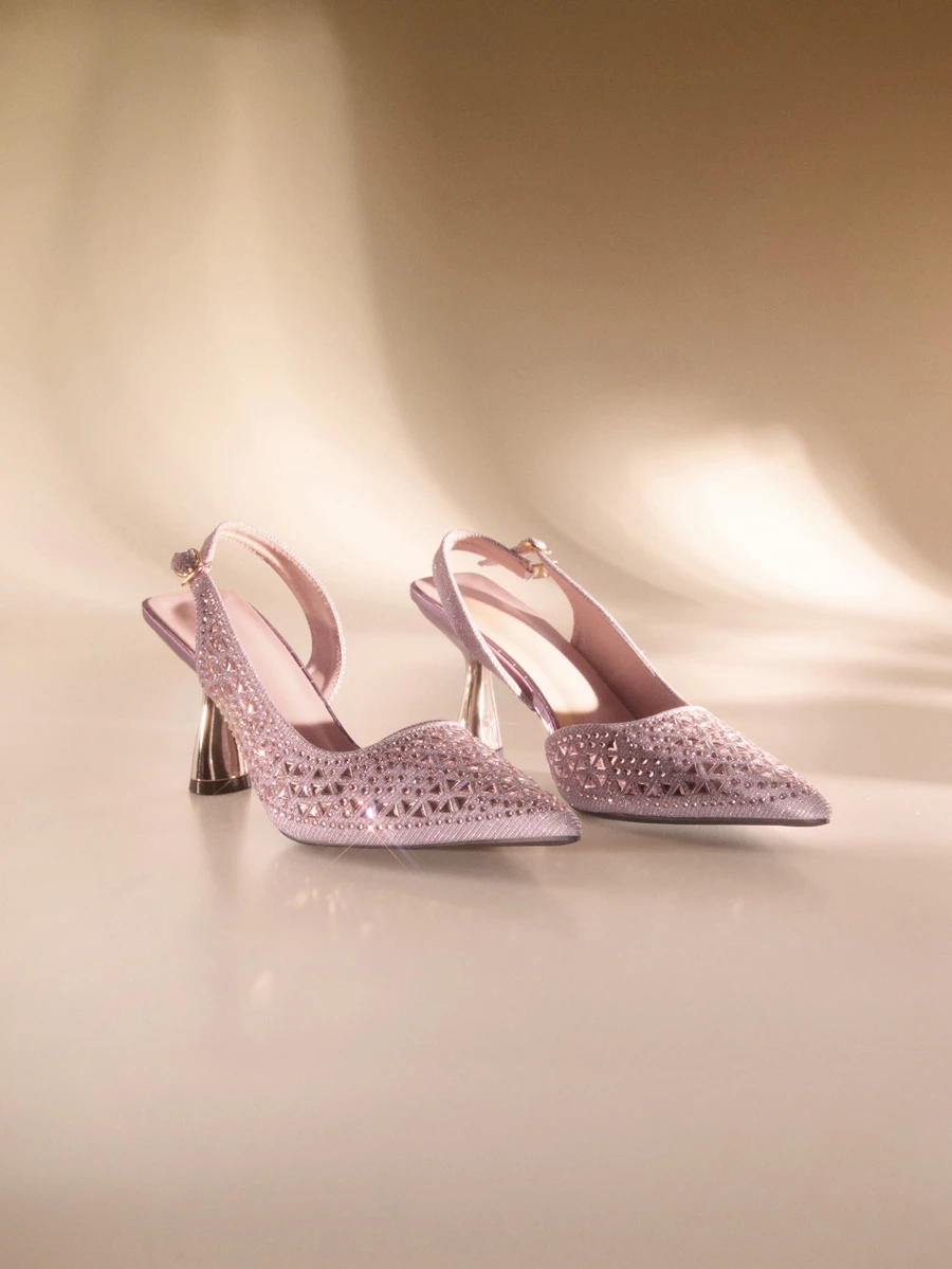 Etoivie 2025秋冬粉色水晶婚鞋方头高跟女鞋，春夏款闭趾踝带凉鞋，优雅精致，适合派对、派对等场合，尖头高跟婚鞋 - 粉色 - 查看 1