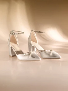 Etoivie 春秋季时尚水钻蝴蝶结高跟鞋，银色软皮粗跟鞋，优雅尖头绑带女式礼服鞋，优雅，适合派对和婚礼 - 銀色 - 查看 1