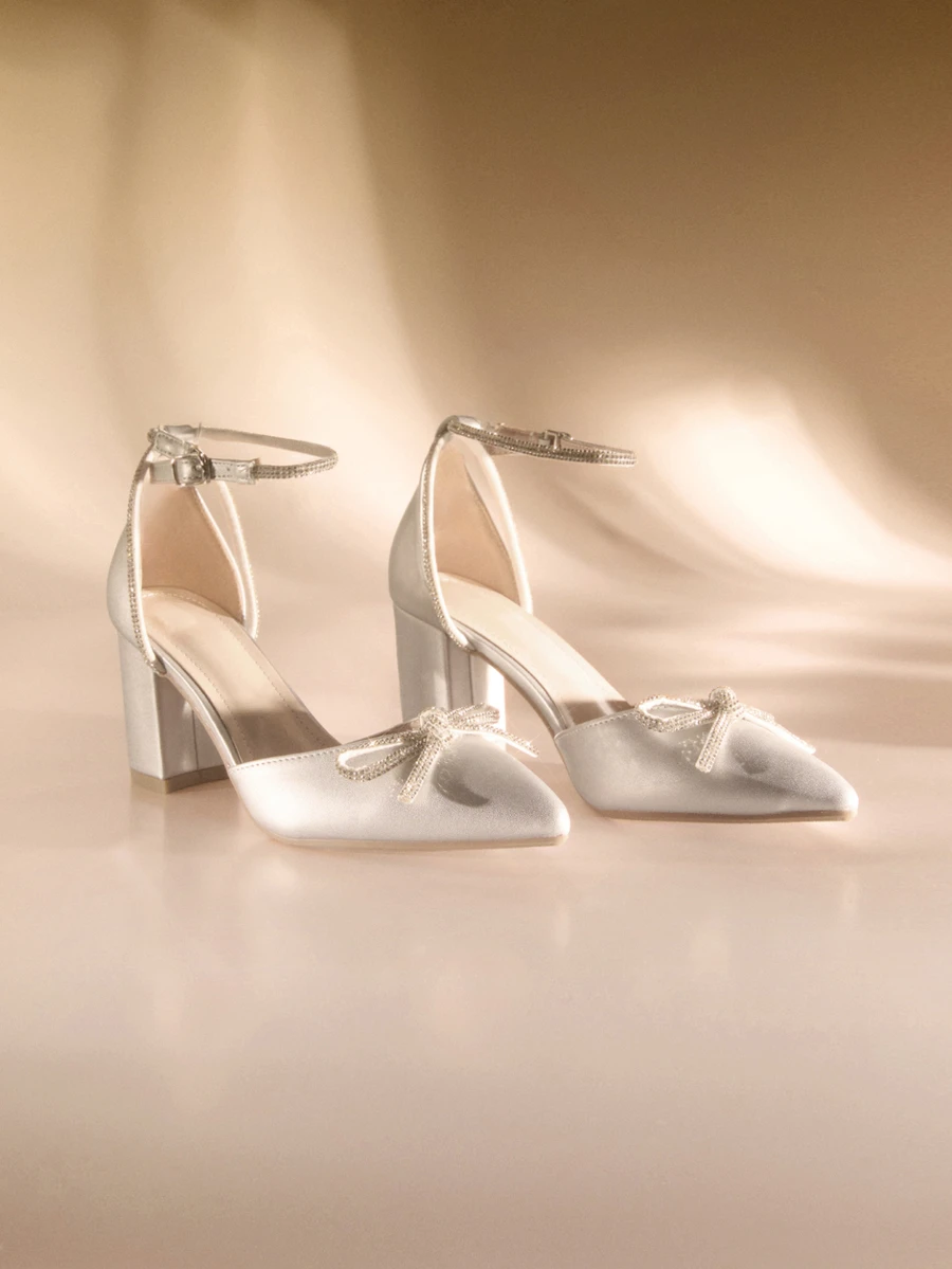 Etoivie 春秋季时尚水钻蝴蝶结高跟鞋，银色软皮粗跟鞋，优雅尖头绑带女式礼服鞋，优雅，适合派对和婚礼 - 銀色 - 查看 1