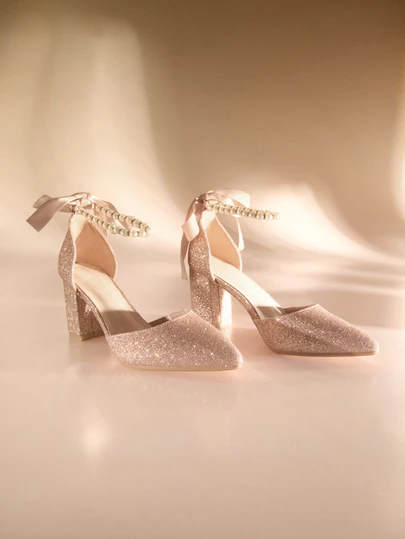 Etoivie 2025秋冬女士仿珍珠蝴蝶结装饰尖头粗跟踝带高跟鞋，魅力户外亮片高跟鞋，情人节、优雅派对、婚礼必备