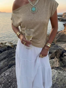 SEREN 夏季新款斜肩针织衫，性感不对称肩部设计，休闲度假风，复古风，轻薄透气，宽松短袖露脐上衣，夏季女士针织衫，亮面上衣，夏季海滩度假装扮，音乐节旅行季 - 金色 - 查看 1