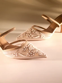 Etoivie 女士手工刺绣网纱珍珠尖头套脚轻便透气高跟鞋，新款情人节婚礼百搭派对性感优雅花卉刺绣珍珠高跟鞋婚礼鞋 - 棕色 - 查看 2