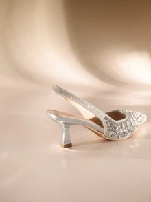 Etoivie 女士优雅时尚尖头高跟鞋，奢华水钻高跟凉鞋，适合晚宴、派对、婚礼等场合 - 銀色 - 查看 4