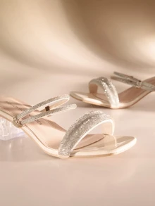 Etoivie Women Rhinestone Decor Clear Chunky Heeled Mule Sandals, Glamorous Summer Heeled Sandals Valentines Wedding Wedding - Beige - View 3