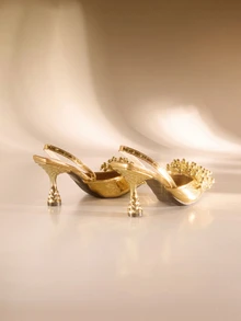 Etoivie Herbst/Winter 2025 Damen Metallic Perlen Dekor Spitze Zehenpumps mit Pyramidenabsatz, modische Outdoor-Pumps, elegant, für Partys, Hochzeiten - Gold - Übersicht 4