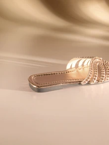 Etoivie 女士方头玻璃钻装饰平底凉鞋，休闲沙滩度假装，夏季新款婚礼鞋 - 香檳色 - 查看 2