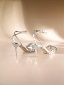 Etoivie 女士镶钻交叉绑带露趾高跟凉鞋，适合各种场合，如婚礼 - 銀色 - 查看 2