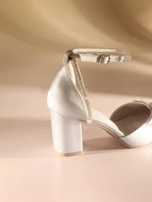 Etoivie 春秋季时尚水钻蝴蝶结高跟鞋，银色软皮粗跟鞋，优雅尖头绑带女式礼服鞋，优雅，适合派对和婚礼 - 銀色 - 查看 4