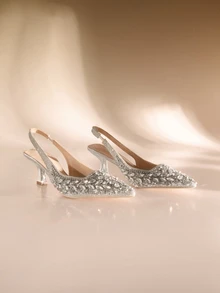 Etoivie 女士优雅时尚尖头高跟鞋，奢华水钻高跟凉鞋，适合晚宴、派对、婚礼等场合 - 銀色 - 查看 1