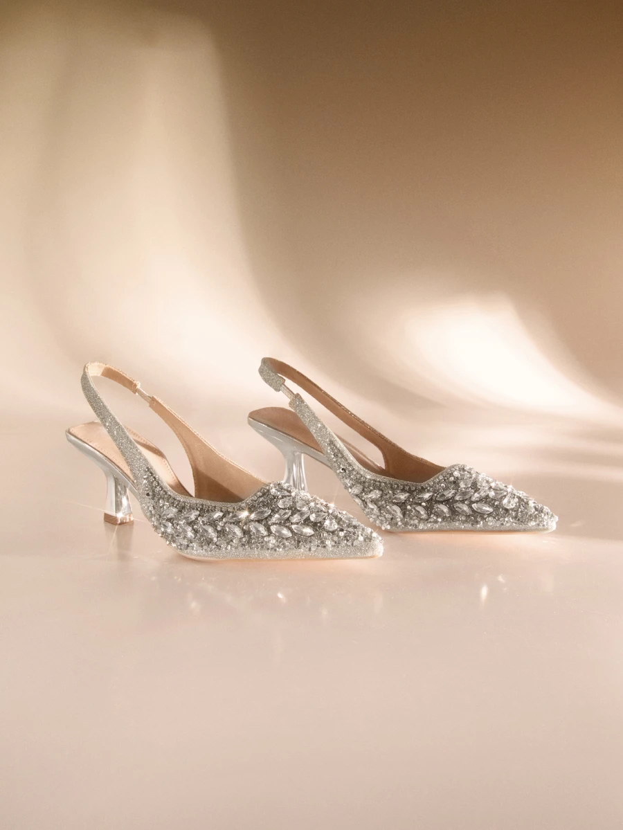 Etoivie 女士优雅时尚尖头高跟鞋，奢华水钻高跟凉鞋，适合晚宴、派对、婚礼等场合 - 銀色 - 查看 1