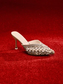 Etoivie 秋冬女士尖头高跟水钻拖鞋，新款设计，适合派对和休闲场合，优雅穆勒鞋，适合婚礼穿着 - 香檳色 - 查看 5