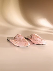 Etoivie 秋冬女士平底拖鞋，外侧方头套脚鞋，夏季半截拖鞋，新款刺绣低跟凉拖，穆勒鞋，婚礼鞋 - 粉色 - 查看 1