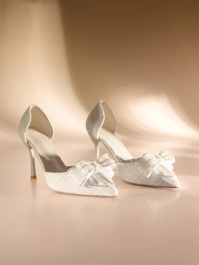 Etoivie Fall/Winter Women's Bow Hollow Out Sandals, Summer Faux Pearl Rhinestone Pointed Toe High Heels, Closed Toe High Heels Thick Wool Fashionable Dress Shoes, Wedding Shoes With Dresses & Cheongsam,Elegant,Stiletto Heels Wedding Wedding