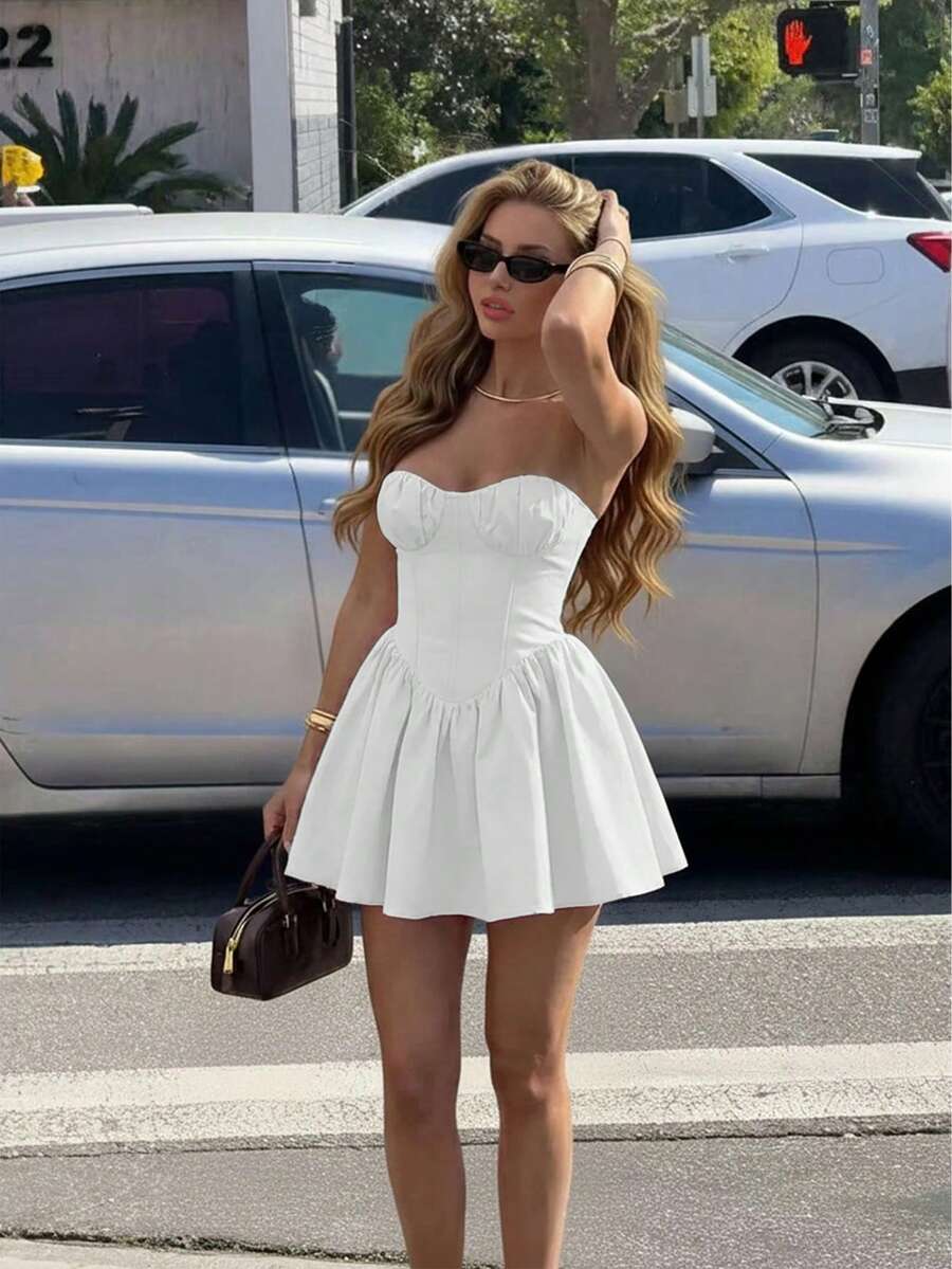 Women's Solid Color Woven A-Line Backless Tie Ruched Elegant Sexy Vacation Dress White Summer - White - View 1