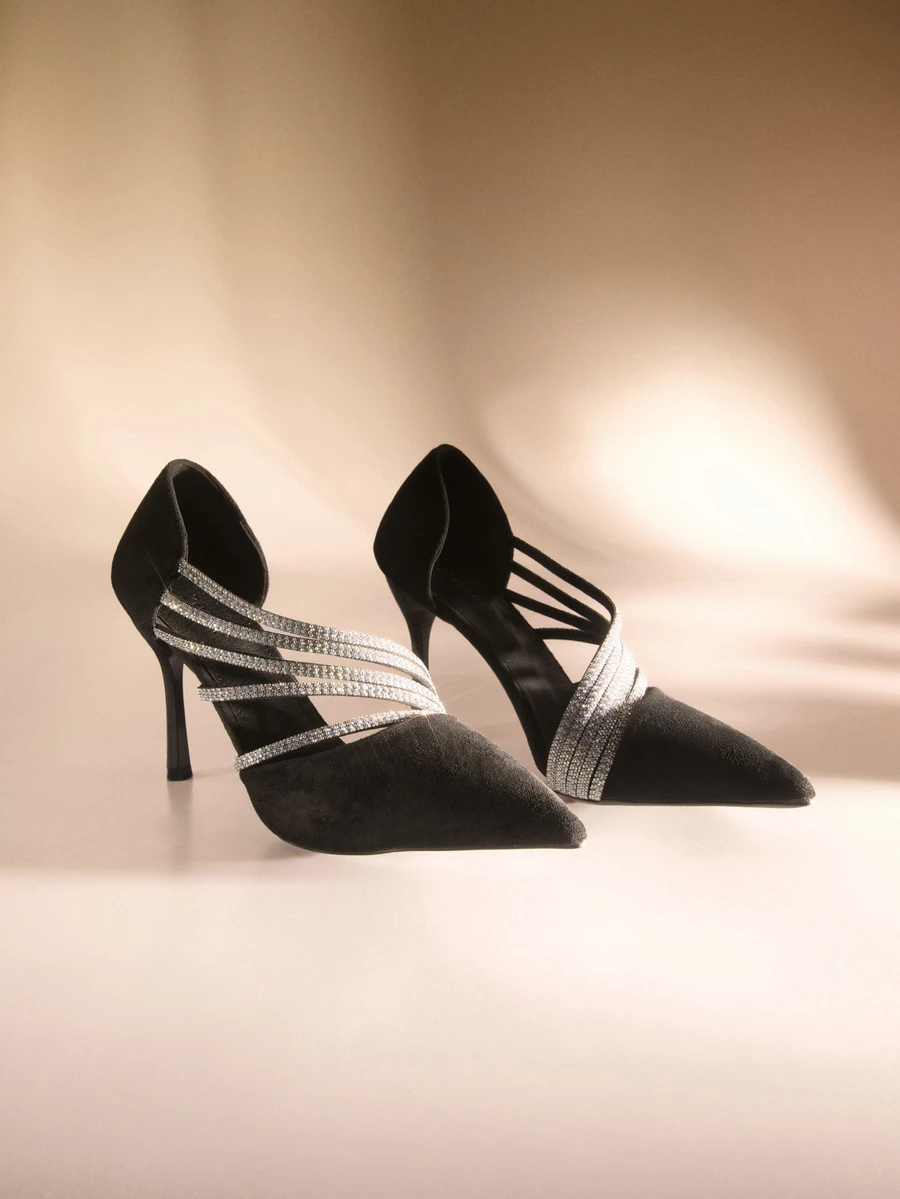 Etoivie 时尚搭配开衫女式灰色短靴，新款秋冬侧拉链踝靴，纯素麂皮尖头细高跟鞋，简约时尚短靴，性感女式高跟鞋，派对婚礼装扮 - 黑色 - 查看 1