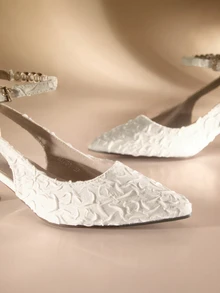 Etoivie 2025秋冬季高跟鞋，粗跟，低鞋面，水钻踝带扣，情人节款，女士浅口鞋，优雅婚礼鞋 - 白色 - 查看 3