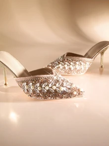 Etoivie 秋冬女士尖头高跟水钻拖鞋，新款设计，适合派对和休闲场合，优雅穆勒鞋，适合婚礼穿着 - 香檳色 - 查看 4