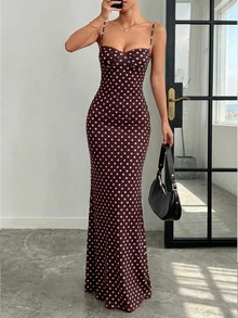 Đầm nữ màu trơn dệt kim chấm bi phối ren in họa tiết thanh lịch, gợi cảm, thường ngày, thích hợp cho kỳ nghỉ hè. - màu nâu - Xem 2
