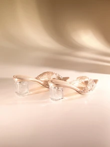 Etoivie 女士时尚水晶粗跟穆勒鞋，优雅迷人，一脚蹬露趾凉鞋，闪亮派对经典香槟色魅力鞋履，婚礼鞋款 - 香檳色 - 查看 3