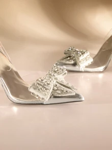 Etoivie Fall/Winter 2025 Women's Rhinestone Bowknot Decor Pointed Toe Stiletto High Heel Pvc Shoes For Elegant & Charming Party And Dancing Valentines,Elegant,Women Pumps,Elegant Wedding Wedding - Silver - View 2