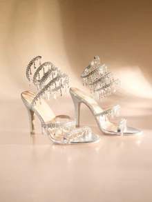 Etoivie Sandalias de tacón de aguja para mujer, estilo minimalista de moda con tira y envoltorio de serpiente con rhinestones, estilo básico para boda de verano y otoño - Plateado - Ver 1