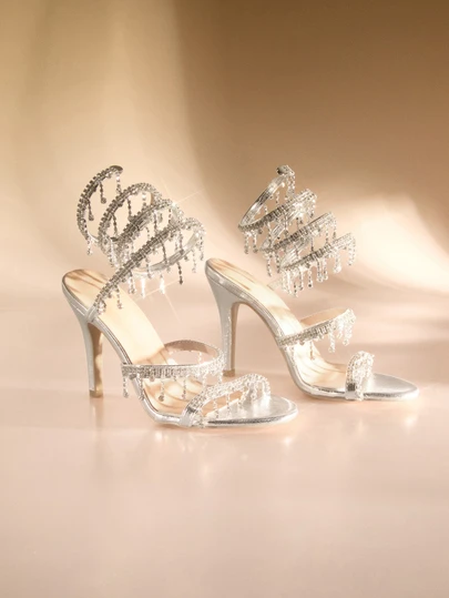 Etoivie Women's Stiletto High Heel Sandals, Fashion Minimalist Strap With Rhinestone Snake Wrap Round Toe, Basic Style For Summer & Autumn Wedding Wedding