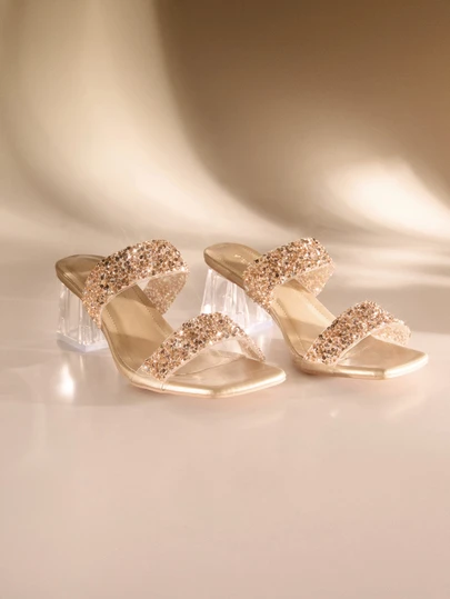 Etoivie 新款加大码女式舒适简约平行方头水钻装饰优雅休闲时尚户外粗跟高跟凉鞋，夏季婚礼鞋