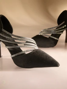 Etoivie 时尚搭配开衫女式灰色短靴，新款秋冬侧拉链踝靴，纯素麂皮尖头细高跟鞋，简约时尚短靴，性感女式高跟鞋，派对婚礼装扮 - 黑色 - 查看 3