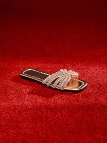 Etoivie 女士方头玻璃钻装饰平底凉鞋，休闲沙滩度假装，夏季新款婚礼鞋 - 香檳色 - 查看 5