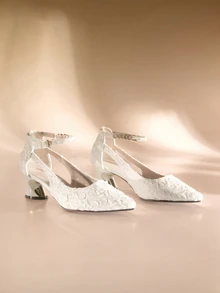 Etoivie 2025秋冬季高跟鞋，粗跟，低鞋面，水钻踝带扣，情人节款，女士浅口鞋，优雅婚礼鞋 - 白色 - 查看 1