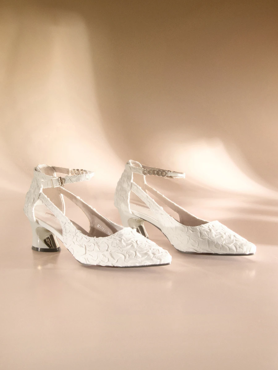 Etoivie 2025秋冬季高跟鞋，粗跟，低鞋面，水钻踝带扣，情人节款，女士浅口鞋，优雅婚礼鞋 - 白色 - 查看 1