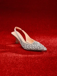 Etoivie 女士优雅时尚尖头高跟鞋，奢华水钻高跟凉鞋，适合晚宴、派对、婚礼等场合 - 銀色 - 查看 5