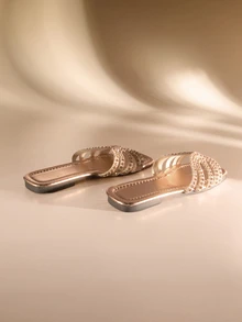 Etoivie 女士方头玻璃钻装饰平底凉鞋，休闲沙滩度假装，夏季新款婚礼鞋 - 香檳色 - 查看 4