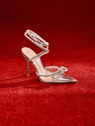 Etoivie Sandales à talons hauts pointus transparents à boucle en argent pour femmes, avec talons ornés de strass. Chaussures de soirée et de mariage