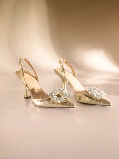 Etoivie Women's Pointed Toe Rhinestone Decor Backless High Heel Shoes, Elegant & Comfortable Slip-On Pumps, Suitable For Party, Wedding, Formal Events In Autumn/Winter. Run Large, Gold Color,Kitten Heels,Elegant,Elegant Wedding Wedding