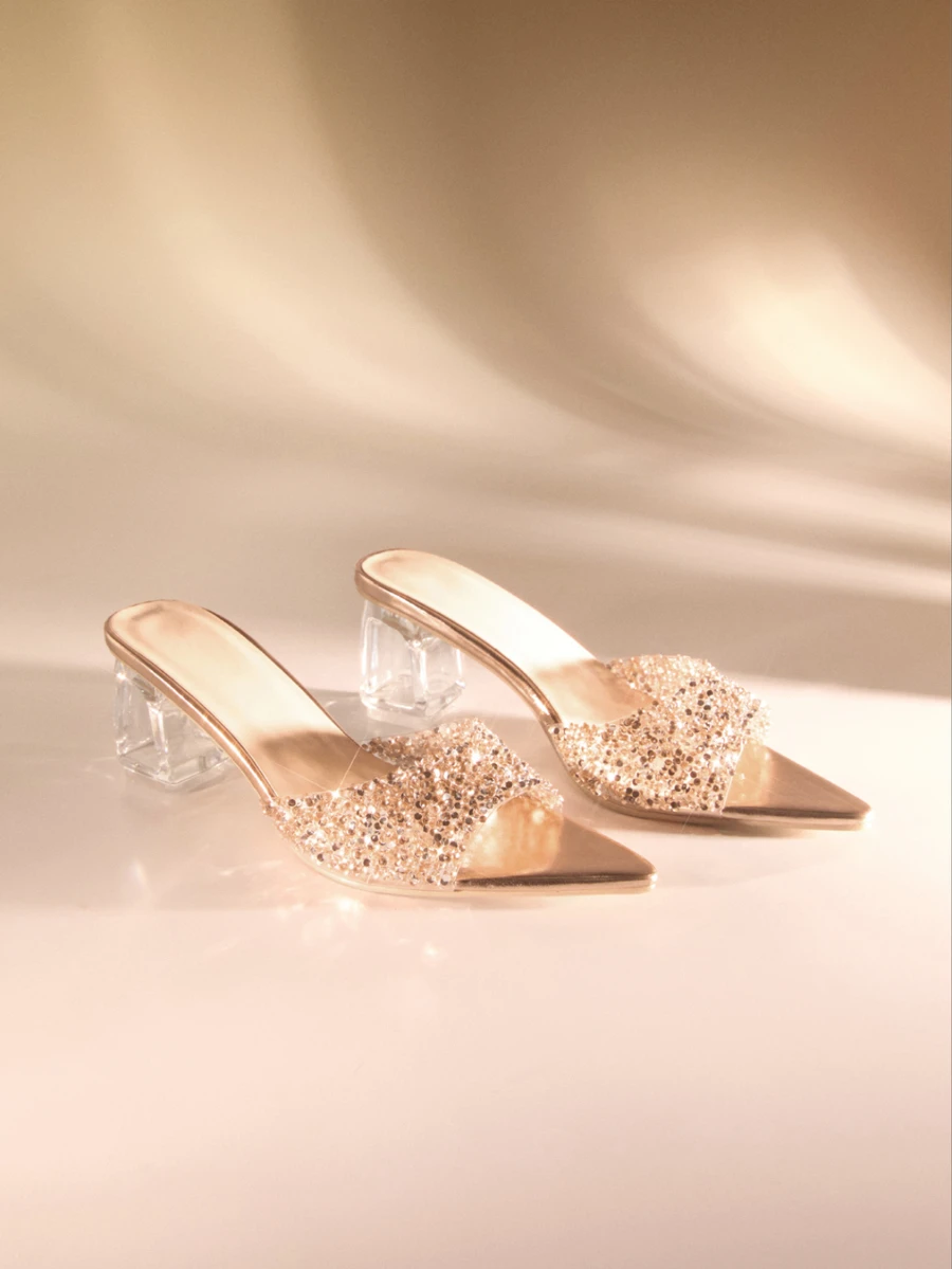 Etoivie 女士时尚水晶粗跟穆勒鞋，优雅迷人，一脚蹬露趾凉鞋，闪亮派对经典香槟色魅力鞋履，婚礼鞋款 - 香檳色 - 查看 1