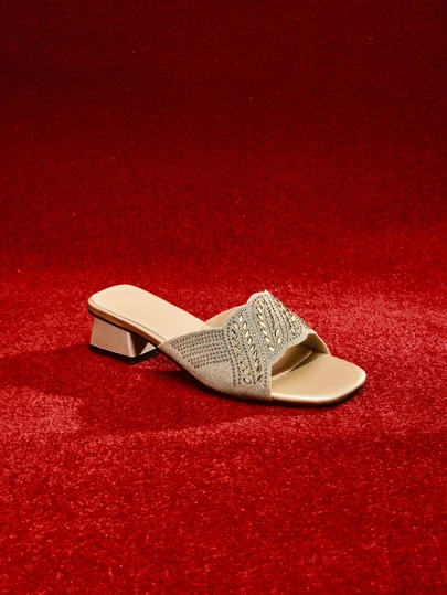 Etoivie Women Rhinestone Decor Chunky Heeled Mule Sandals, Glamorous Banquet Glitter Heeled Sandals Wedding