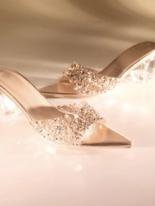 Etoivie 女士时尚水晶粗跟穆勒鞋，优雅迷人，一脚蹬露趾凉鞋，闪亮派对经典香槟色魅力鞋履，婚礼鞋款 - 香檳色 - 查看 4