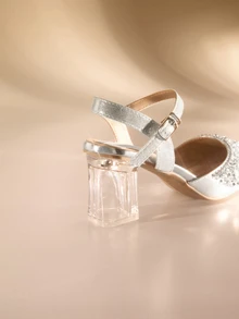 Etoivie Women's Solid Color Pointed Toe Sparkling Rhinestone Comfortable And Durable Flats, Versatile, Fashion, Elegant, Thick Heel, Closed Toe, Backstrap, Suitable For Banquet, Dance Party, Night Club, Wedding Bridal Wedding Wedding - Silver - View 4