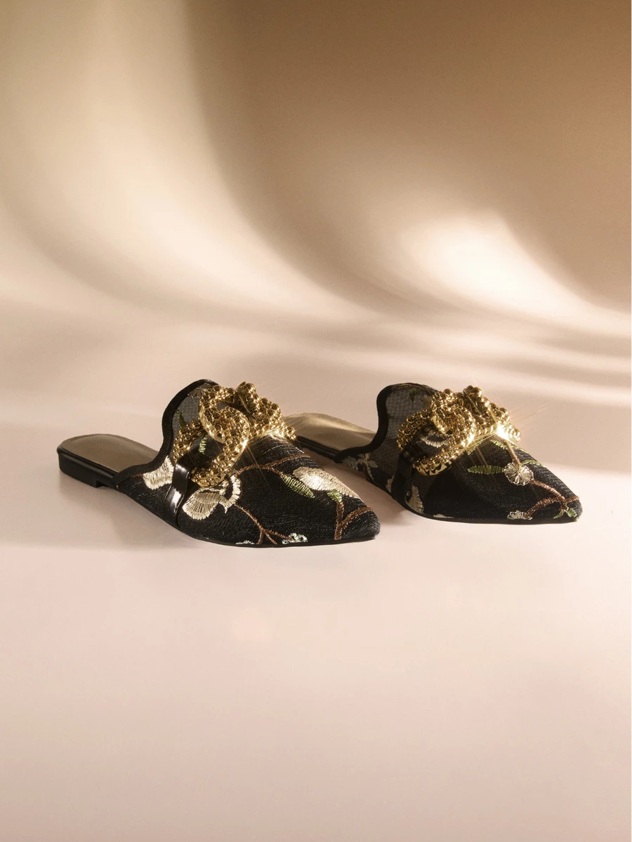 Etoivie Women's Elegant Pointed Toe Flat Mesh Mules With Metal Buckle Accent, Random Pattern Vamp, Suitable For Spring And Summer Wedding - Multicolor - View 1