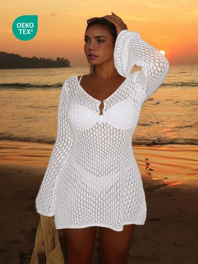 Women's Plus Size Long Sleeve Hollow Crochet Swimsuit Cover Up, Elegant Bohemian Beach Resort Style, Pearl Button Sexy V-Neck White Mini Skirt Vacation