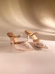 Etoivie 女士手工刺绣网纱珍珠尖头套脚轻便透气高跟鞋，新款情人节婚礼百搭派对性感优雅花卉刺绣珍珠高跟鞋婚礼鞋 - 棕色 - 查看 1