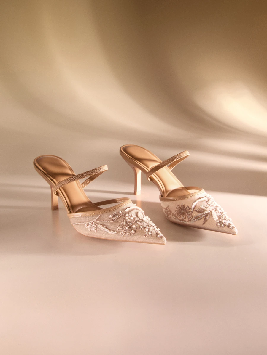 Etoivie 女士手工刺绣网纱珍珠尖头套脚轻便透气高跟鞋，新款情人节婚礼百搭派对性感优雅花卉刺绣珍珠高跟鞋婚礼鞋 - 棕色 - 查看 1