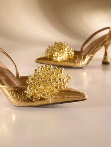 Etoivie Herbst/Winter 2025 Damen Metallic Perlen Dekor Spitze Zehenpumps mit Pyramidenabsatz, modische Outdoor-Pumps, elegant, für Partys, Hochzeiten - Gold - Übersicht 3